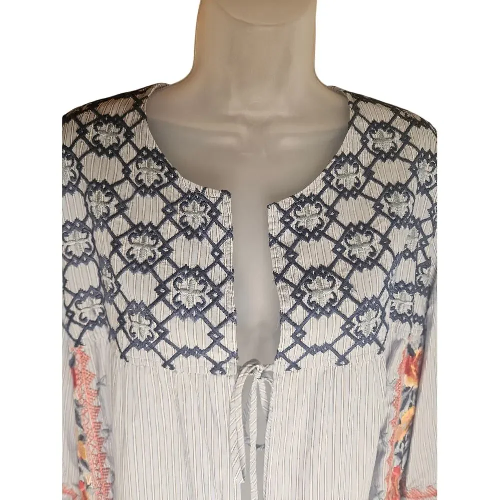 Johnny Was Blue Embroidered Floral Striped Open Top Sz S Tie Front 3/4 Sleeves - Picture 3 of 8
